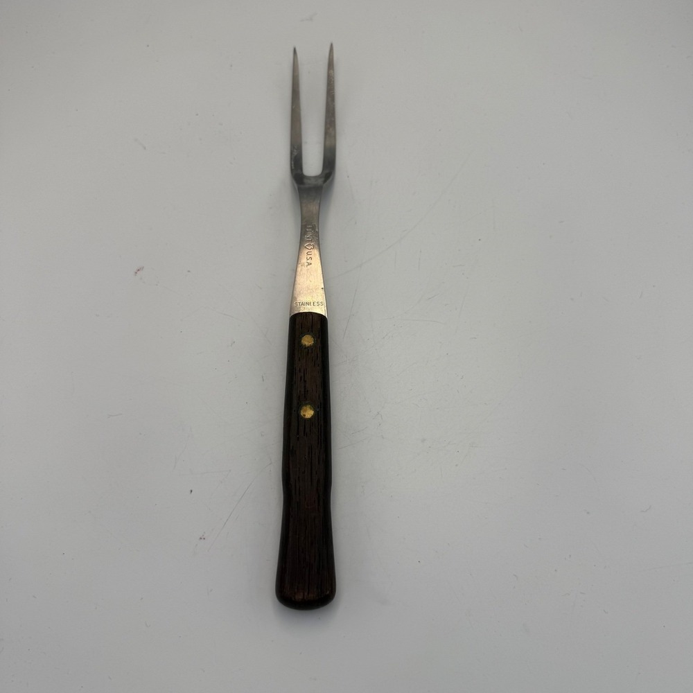 Vintage Flint USA Stainless Steel Carving Fork Wood Handle Arrowhead Logo 11.5in